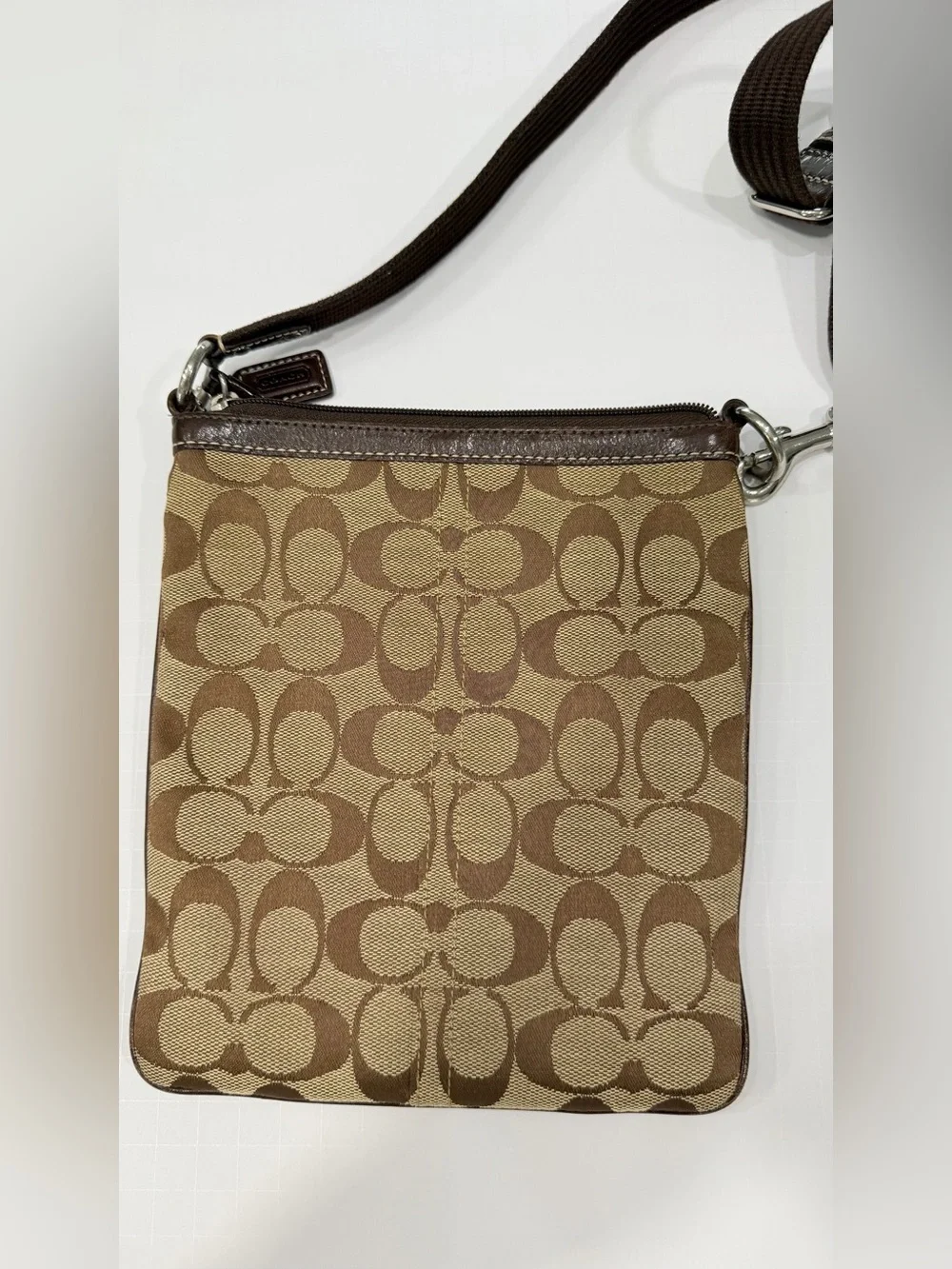 Coach Tan and Dark Brown Signature Stripe Messenger Bag